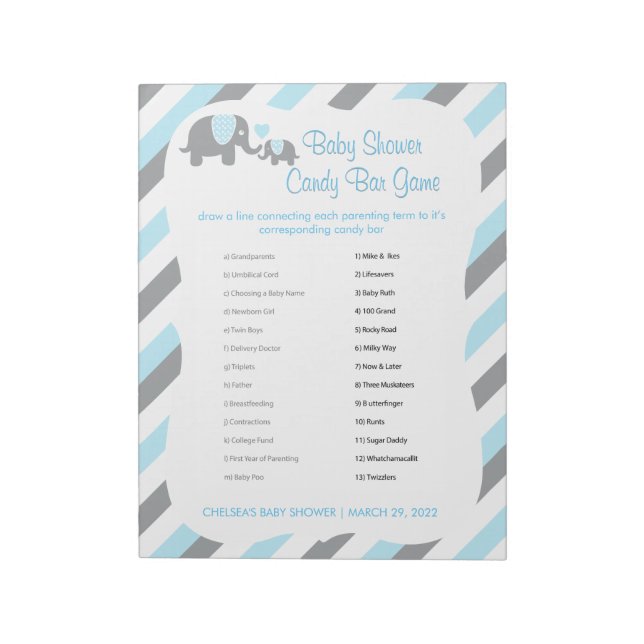Blue, White & Gray Elephant Baby Shower - Game 2 Notepad (Rotated)