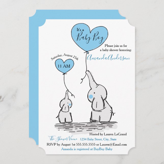 Blue, White Gray Elephant Baby Shower Invitation (Front/Back)