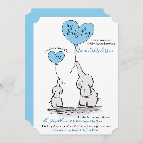 Blue White Gray Elephant Baby Shower Invitation
