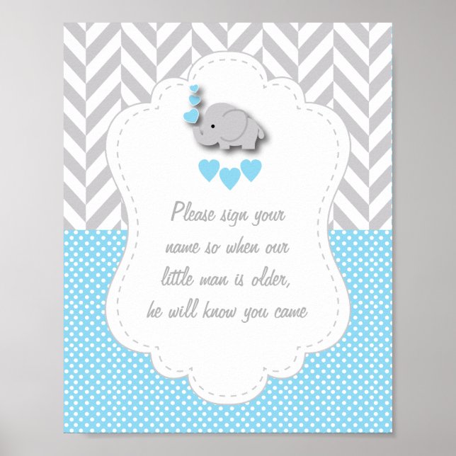 Blue, White Gray Elephant Baby Shower Poster 2 (Front)