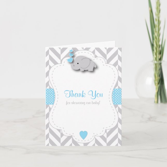 Blue, White Gray Elephant 🐘 Baby Shower Thank You (Front)