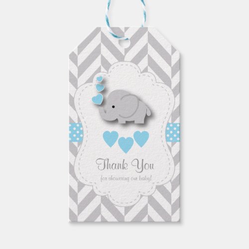 Blue White Gray Elephant Baby Shower Thank You Gift Tags