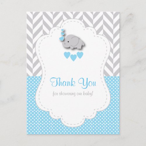 Blue White Gray Elephant Baby Shower Thank You Postcard