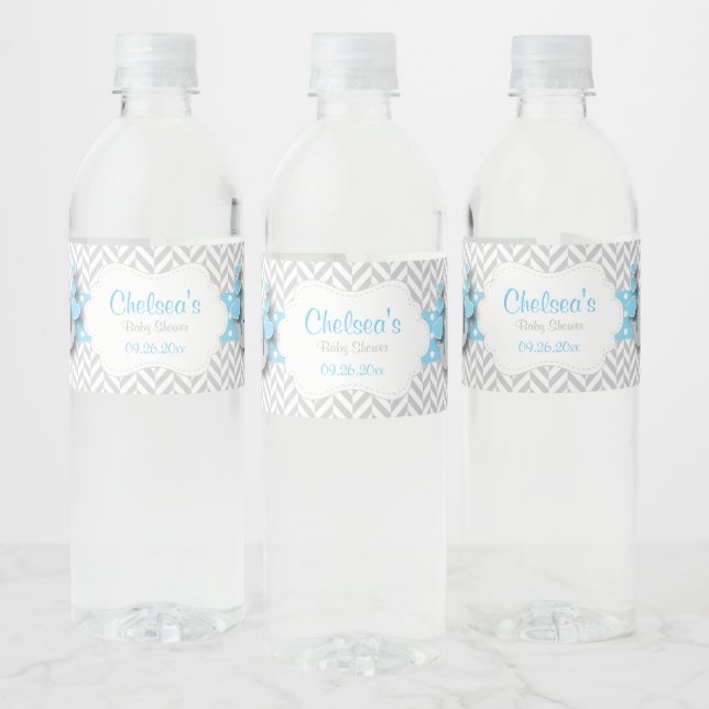 Blue, White Gray Elephant Baby Shower Water Bottle Label (Bottles)