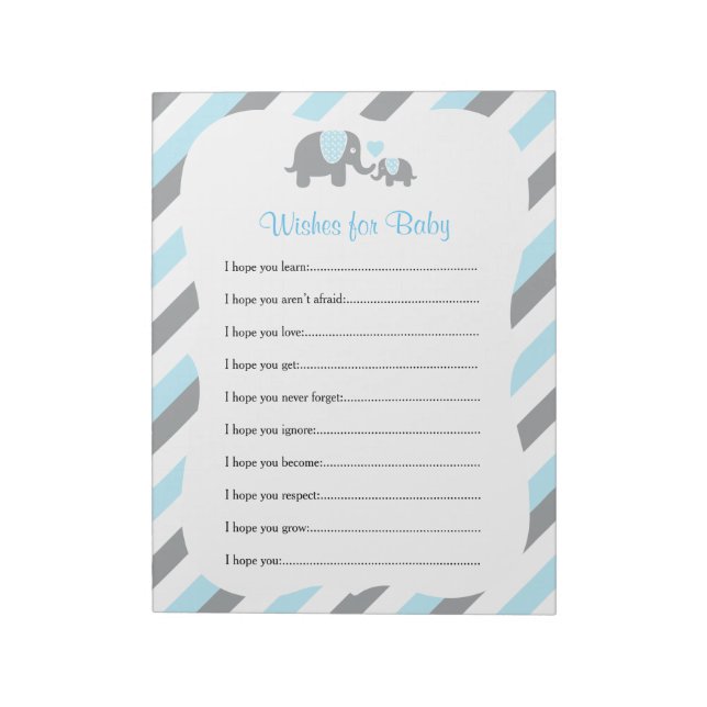 Blue, White & Gray Elephant Baby Shower - Wishes 2 Notepad (Rotated)
