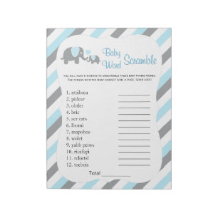 Blue, White & Gray Elephant Baby Shower Word Game Notepad