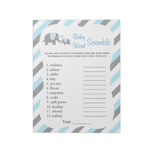 Blue, White & Gray Elephant Baby Shower Word Game Notepad (Rotated)