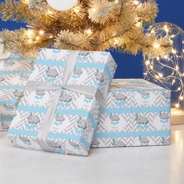 Blue, White Gray Elephant 👶 Baby Shower Wrapping Paper (Holidays)
