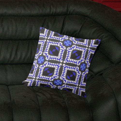 Blue White Gray Ethnic Boho African Tribal Pattern Throw Pillow