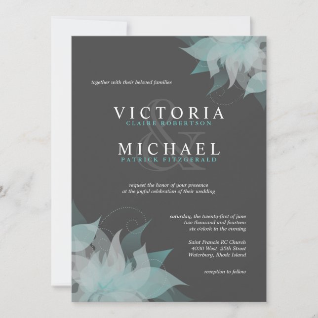 Blue White & Gray Floral Wedding Invitations (Front)