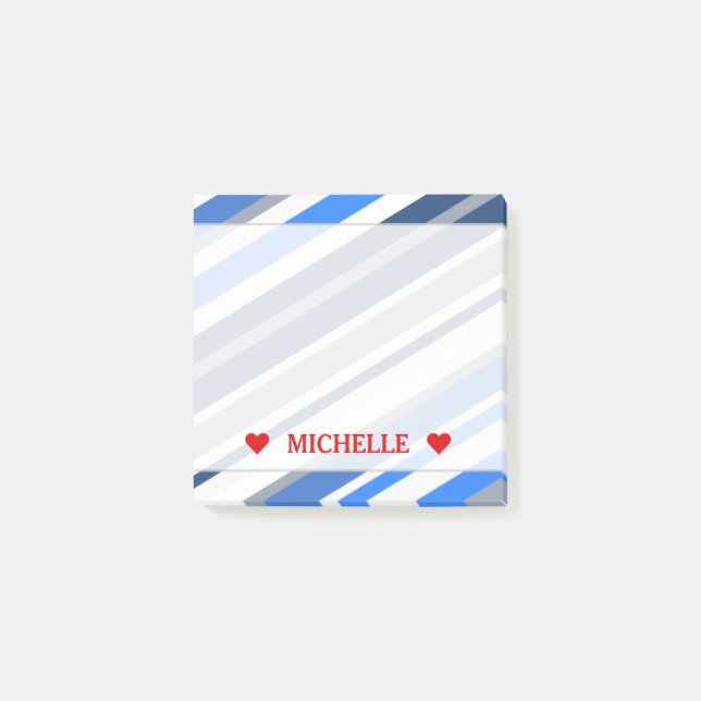 Blue/White/Gray Lines/Stripes Pattern; Custom Name Post-it Notes (Front)