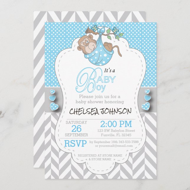 Blue, White Gray Monkey Baby Shower Invitations (Front/Back)