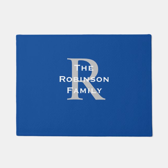 Blue White Gray Name Monogrammed  Doormat (Front)