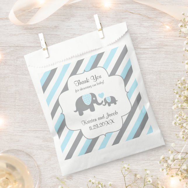 Blue, White Gray Stripe Elephant Thank You  Favor Bag (Clipped)