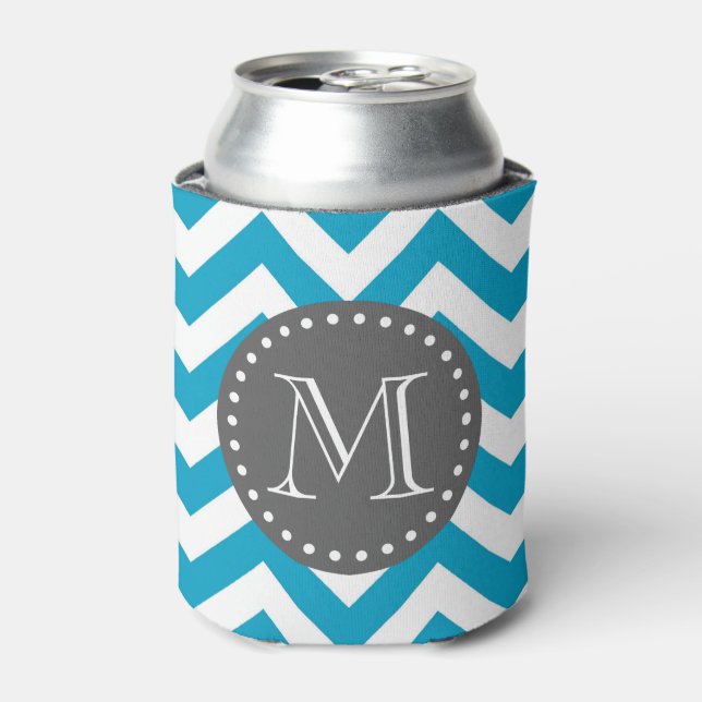 Blue White Gray Zigzag Chevron Monogram Can Cooler (Can Front)
