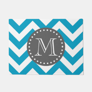 Blue White Gray Zigzag Chevron Monogram Doormat
