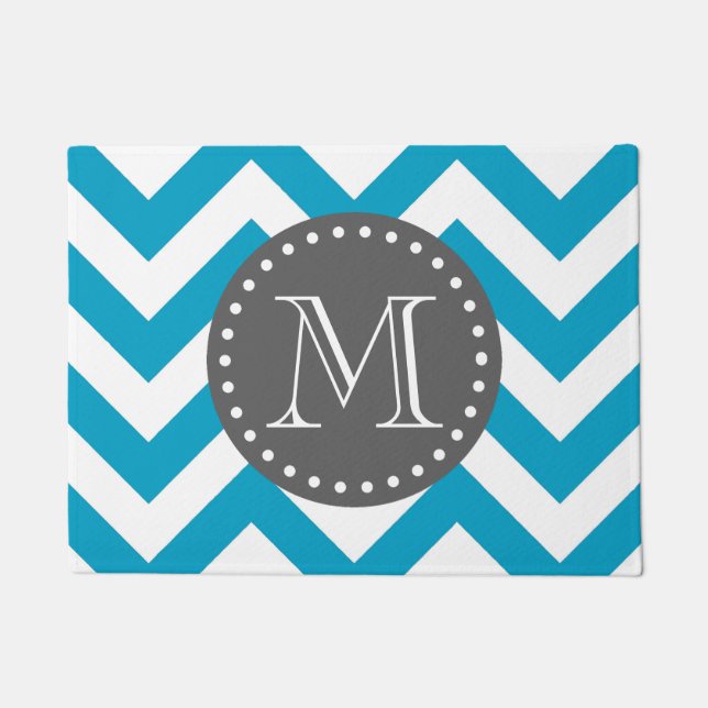 Blue White Gray Zigzag Chevron Monogram Doormat (Front)