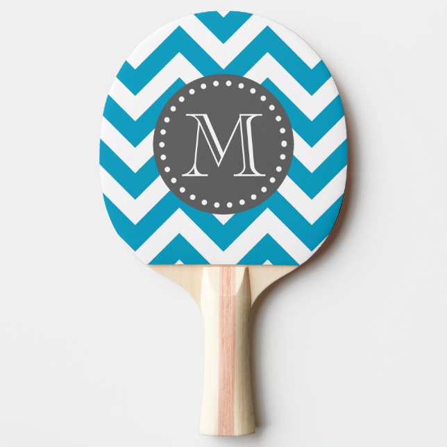Blue White Gray Zigzag Chevron Monogram Ping Pong Paddle (Front)