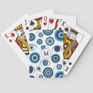 Blue White Greek Evil Eye Pattern Monogram Poker Cards