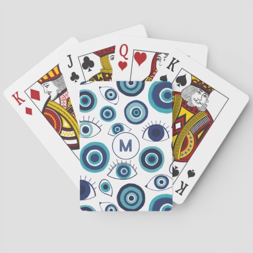 Blue White Greek Evil Eye Pattern Monogram Poker Cards