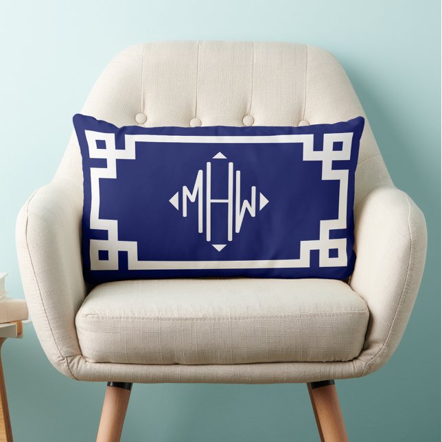 Blue White Greek Key #2 Diamond Monogram DIY BG Lumbar Pillow (Creator Uploaded)