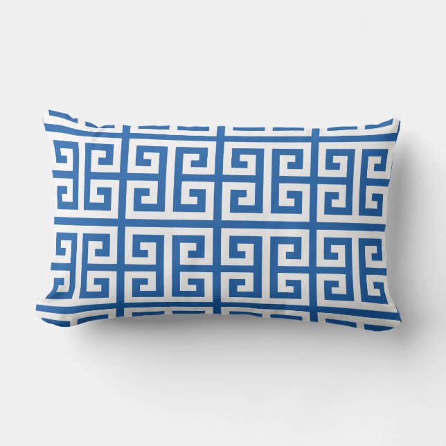 Blue White Greek Key Geometric Lumbar Pillow (Front)