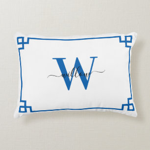 Blue & White Greek Key Monogrammed  Accent Pillow