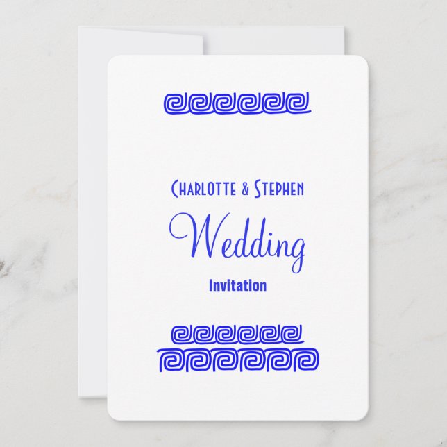 Blue White Greek Meander Key Personalized Wedding Invitation (Front)