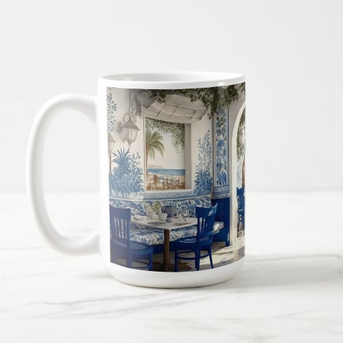 Blue white greek restaurant cafe chair arched door coffee mug