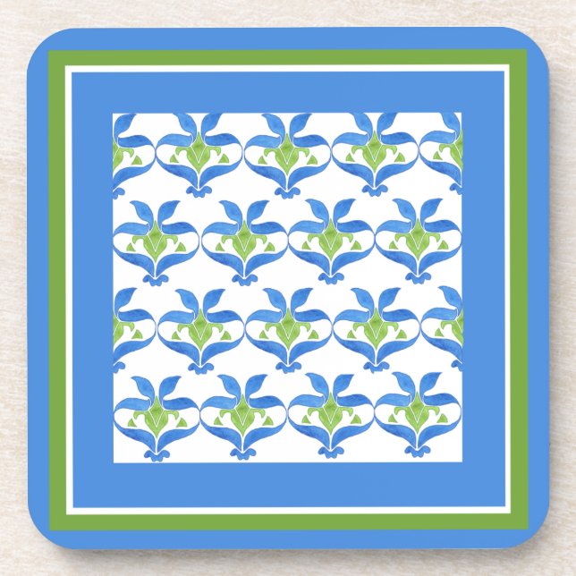 Blue White Green Art Nouveau Pattern Coasters (Front)
