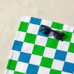 Blue White Green Checkered Design Beach Towel