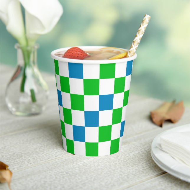 Blue White Green Checkered Design  Paper Cups (Insitu)
