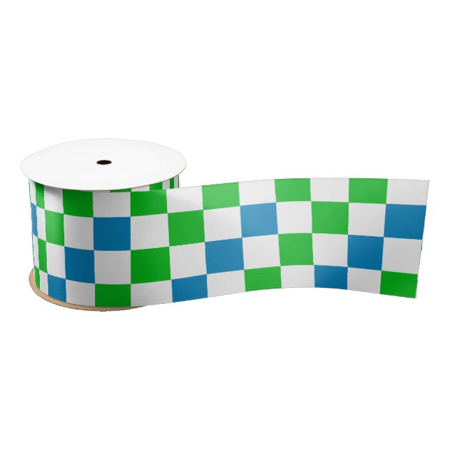 Blue White Green Checkered Design  Satin Ribbon (Spool)