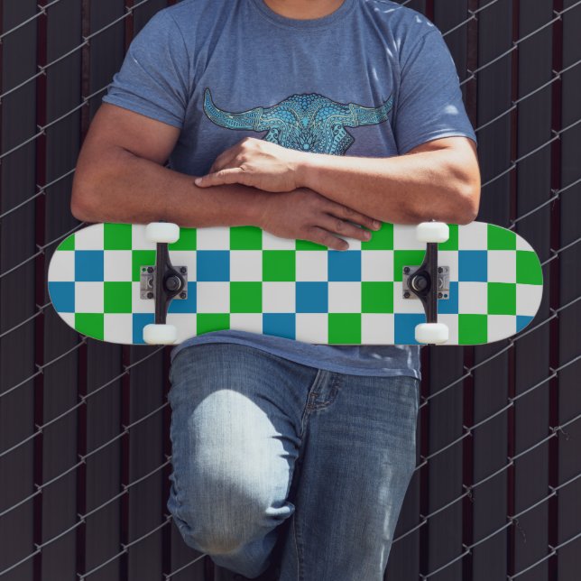 Blue White Green Checkered Design  Skateboard (Outdoor 3)