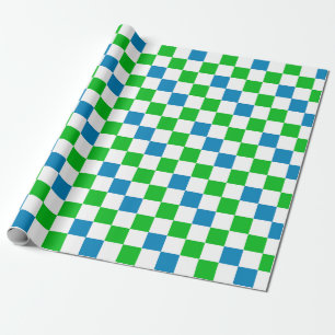 Blue White Green Checkered Design Wrapping Paper