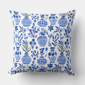Blue White Green Chinoiserie Vase Pattern Throw Pillow