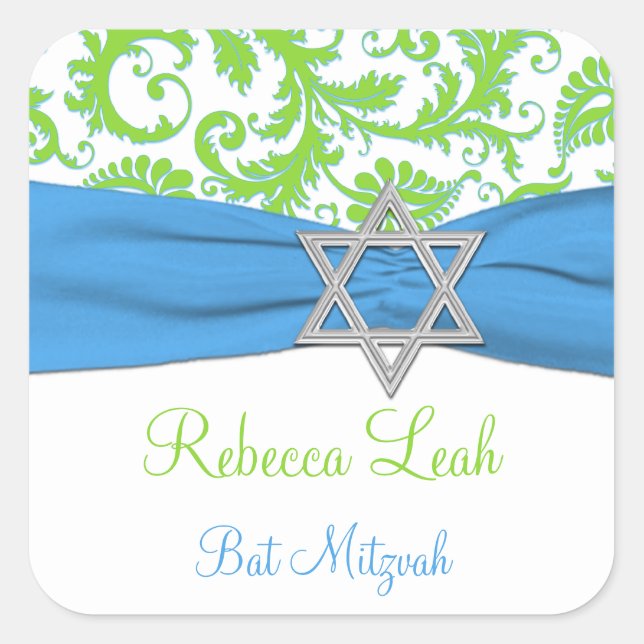 Blue, White, Green Damask Bat Mitzvah Sticker (Front)