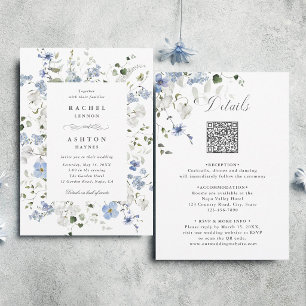 Blue White Green Floral All in One Wedding  Invitation