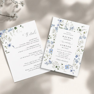 Blue White Green Floral All in One Wedding Invitation
