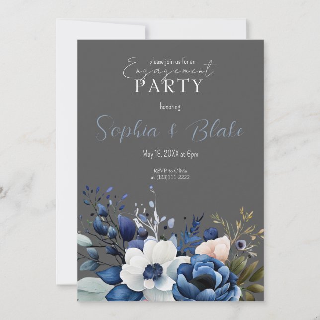 Blue, White & Green Floral Gray Engagement Party Invitation (Front)