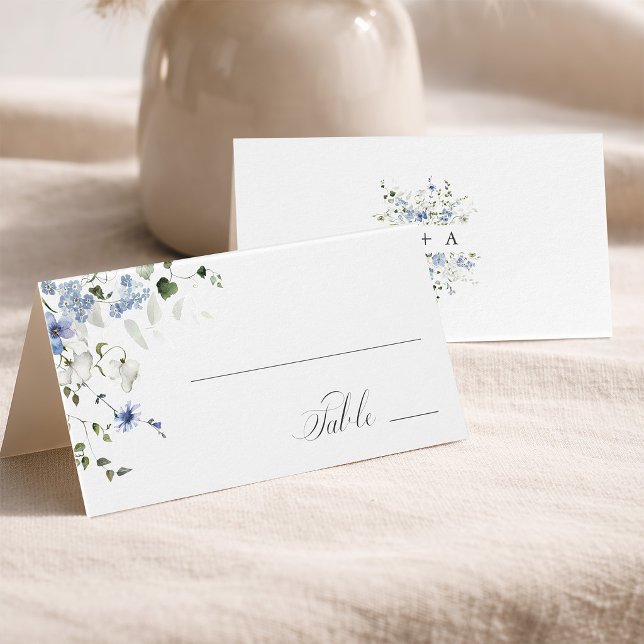 Blue White Green Floral Wedding Place Card     (Front & Back)