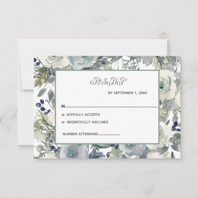Blue White Green Floral Wedding RSVP card (Front)