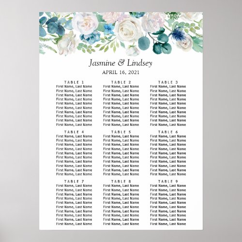 Blue White Green Floral Wedding Seating Chart