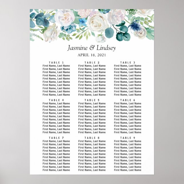 Blue White Green Floral Wedding Seating Chart (Front)