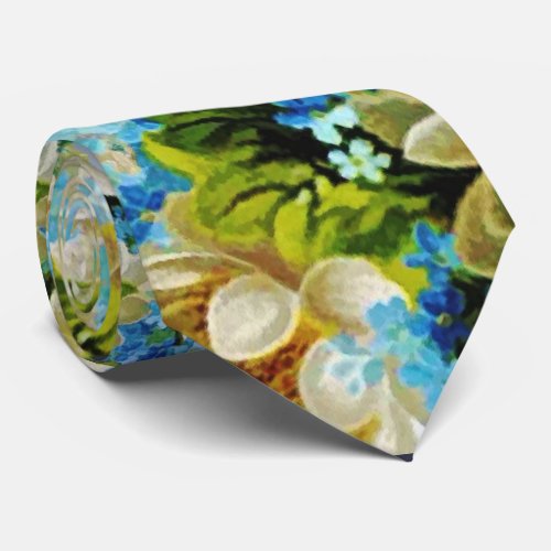 Blue white green flower  neck tie