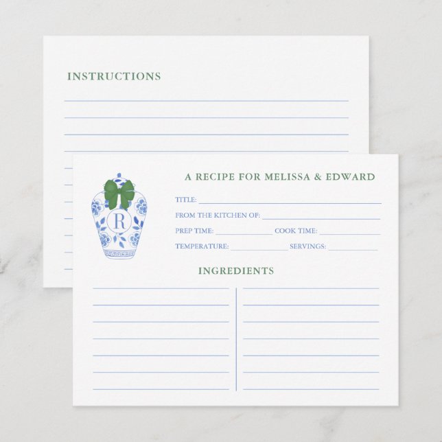 Blue White Green Ginger Jar Monogram Recipe Card (Front/Back)