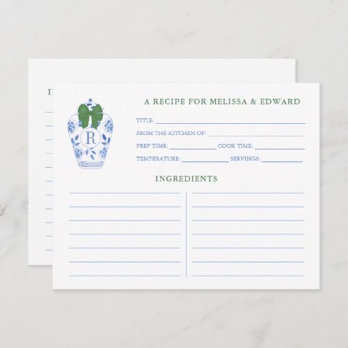 Blue White Green Ginger Jar Monogram Recipe Card