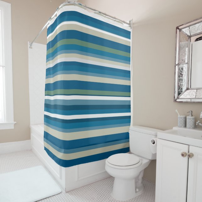 Blue, White,Green Stripes Shower Curtain (In Situ)