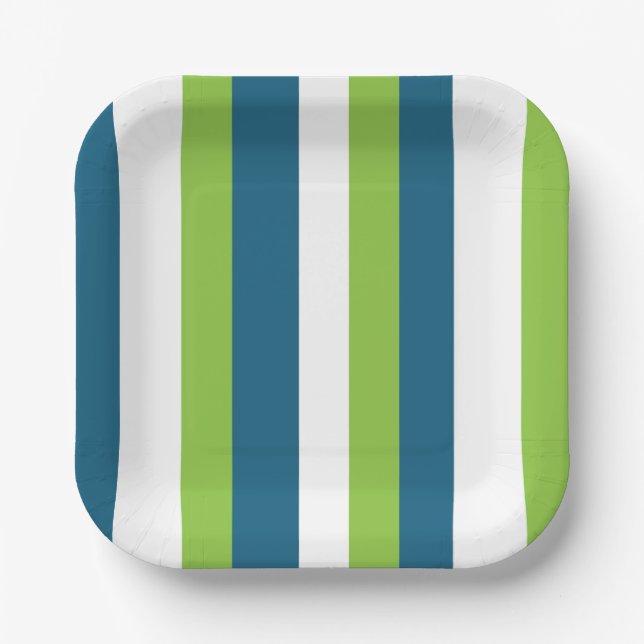 Blue White Green Vertical Stripes Party Paper Plates (Front)