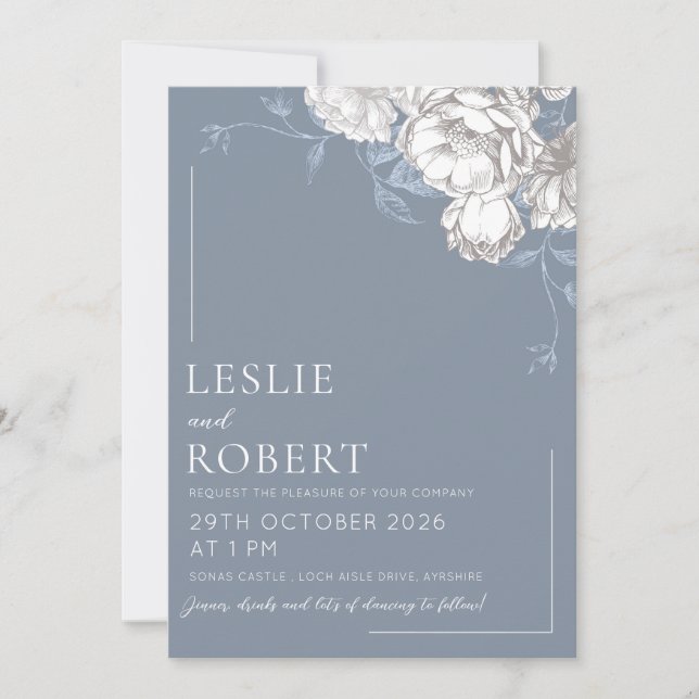 Blue White & Grey Etched Floral Wedding Invitation (Front)